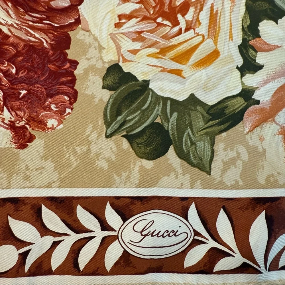 Authentic GUCCI Floral Silk Scarf in Cream and Brown